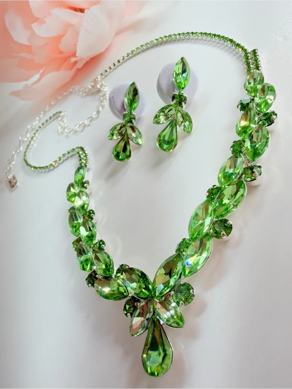 Green Crystal Teardrop Necklace and Earring Set